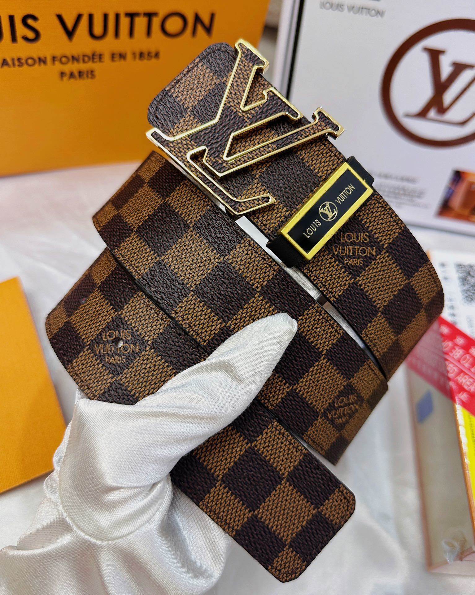 Louis Vuitton Damier Ebene Belt with Gold LV Initials Buckle
