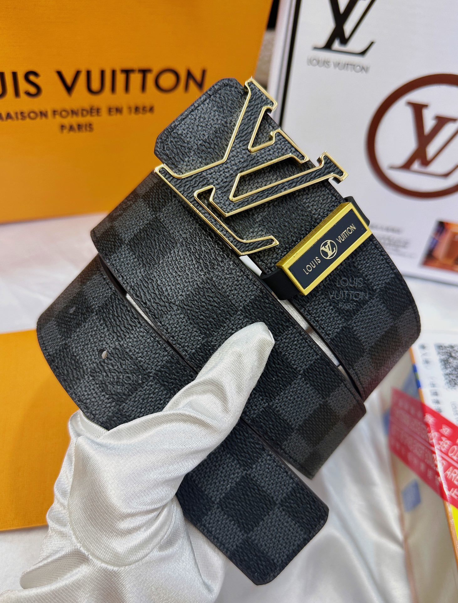 Louis Vuitton Damier Graphite Belt with Gold LV Initial Buckle