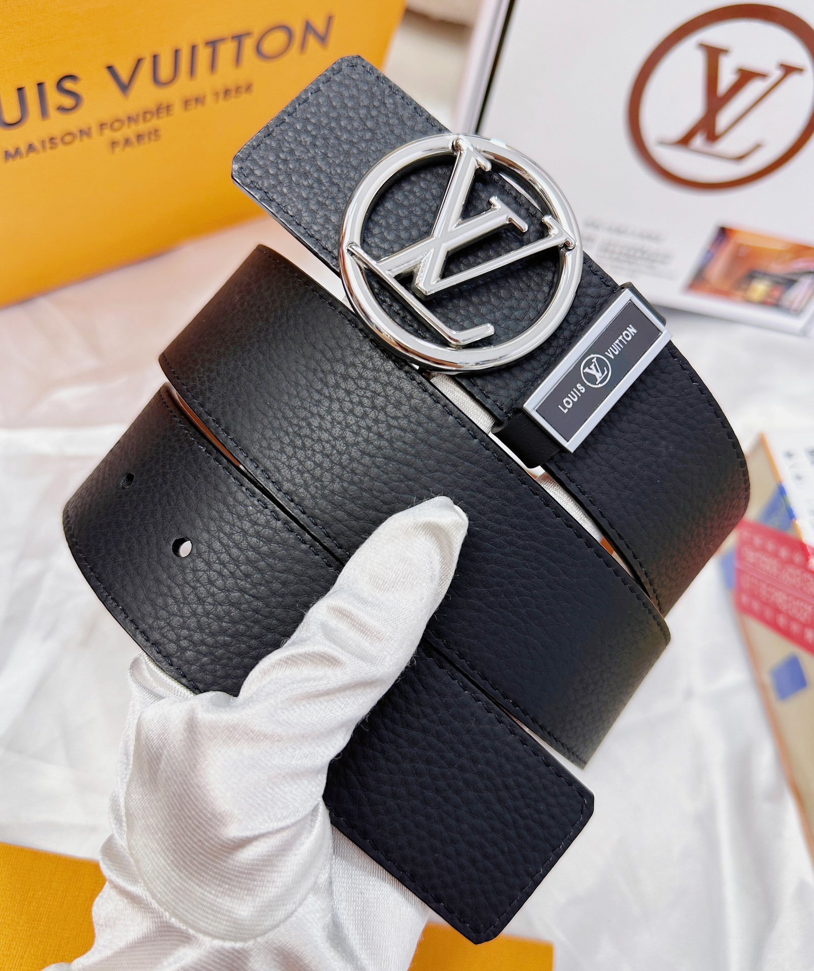 Louis Vuitton Men's Black Pebbled Leather Belt with Silver Buckle