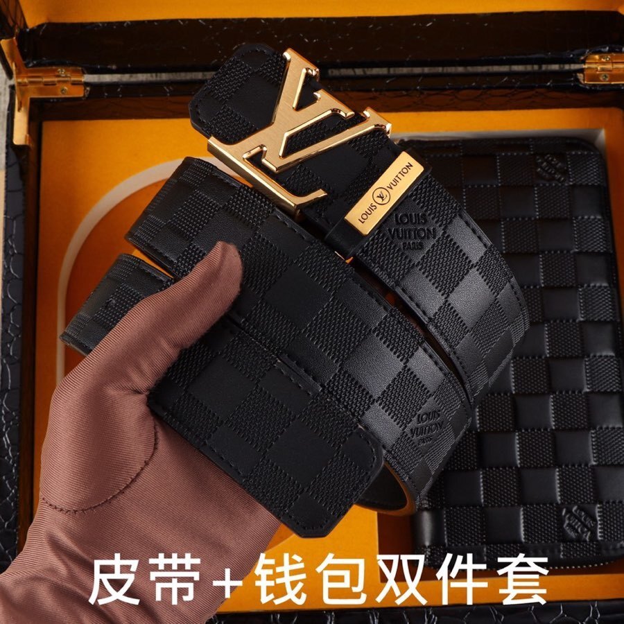 Luxury Men's LV Belt & Zipper Wallet Set - Black Embossed Leather