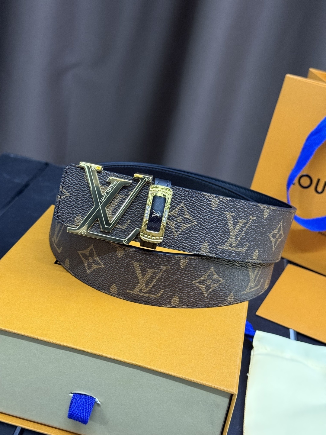 Louis Vuitton Monogram Canvas Belt with Gold LV Initial Buckle