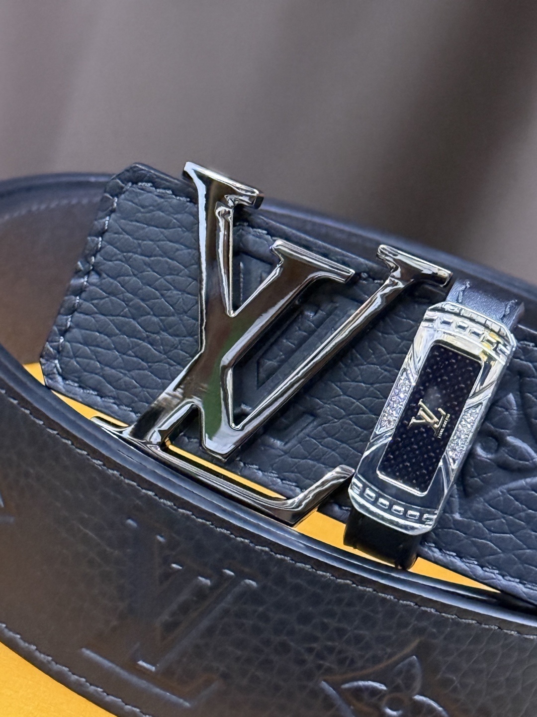 Louis Vuitton Men's Black Monogram Embossed Leather Belt with LV Buckle