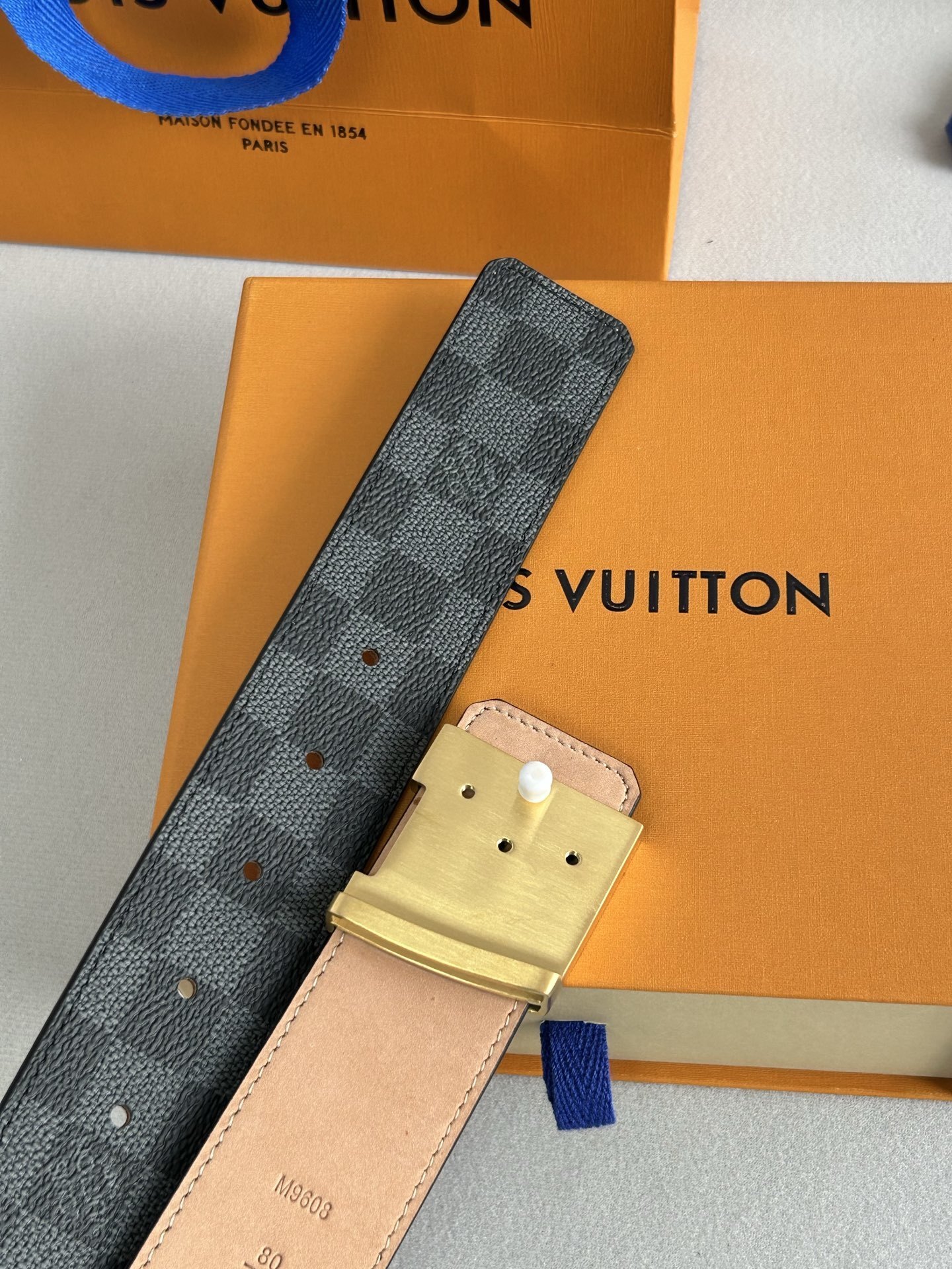 Louis Vuitton Damier Graphite Belt with Gold LV Initiales Buckle