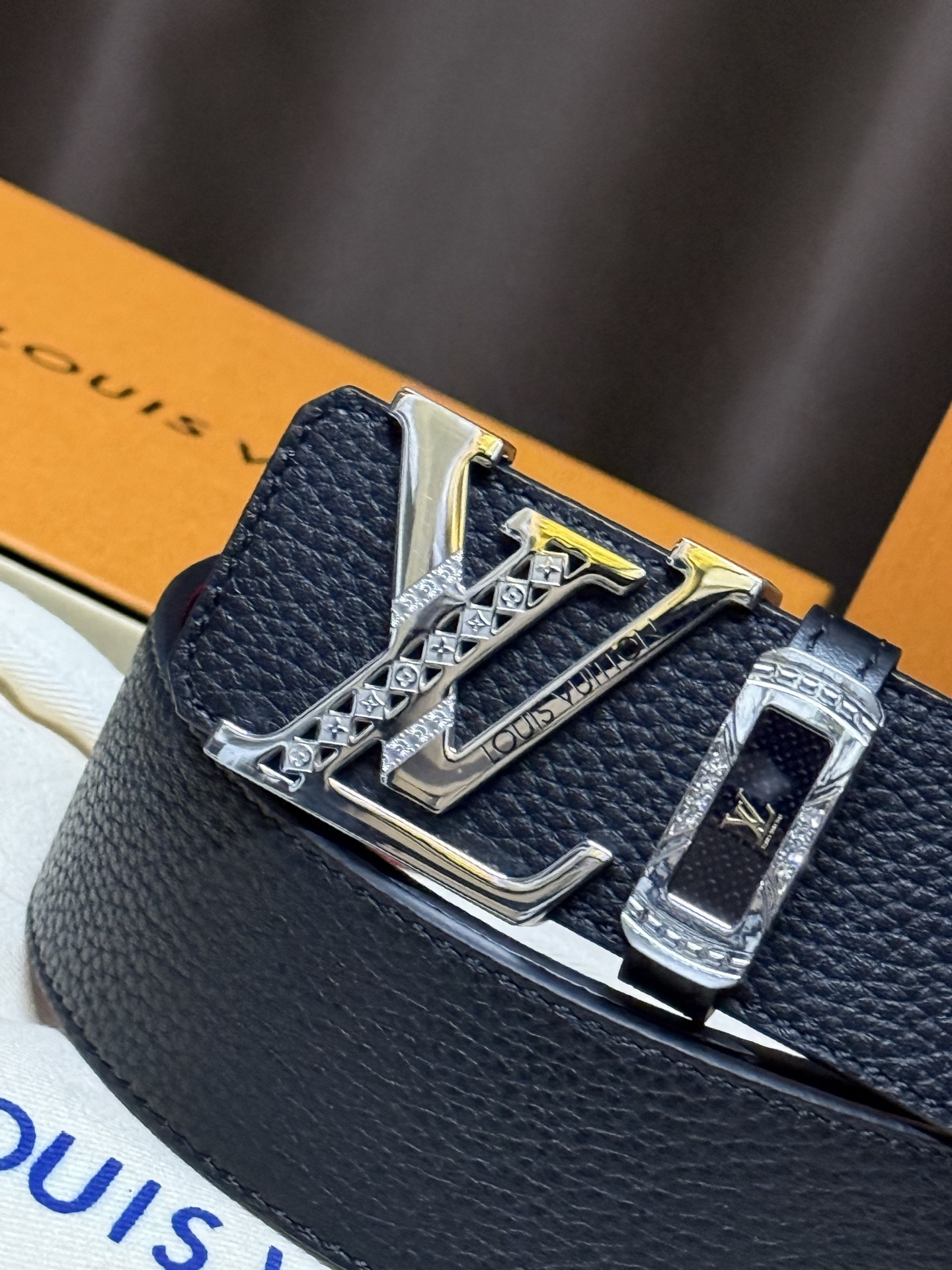 Louis Vuitton Men's Black Pebbled Leather Belt with Crystal Buckle