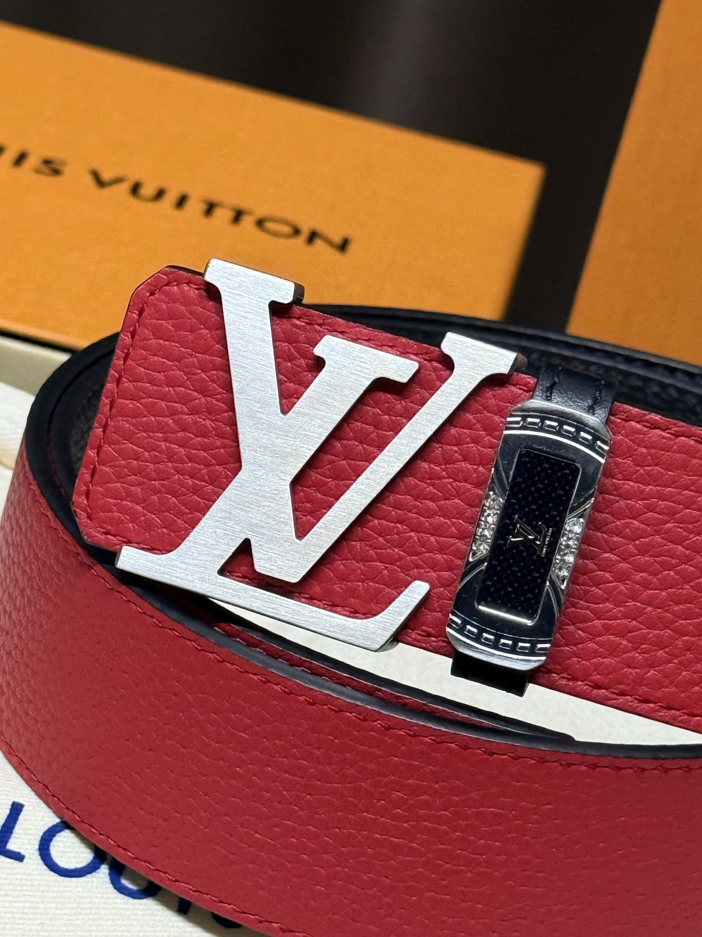 Louis Vuitton Red Grained Leather Belt with Unique Silver LV Buckle