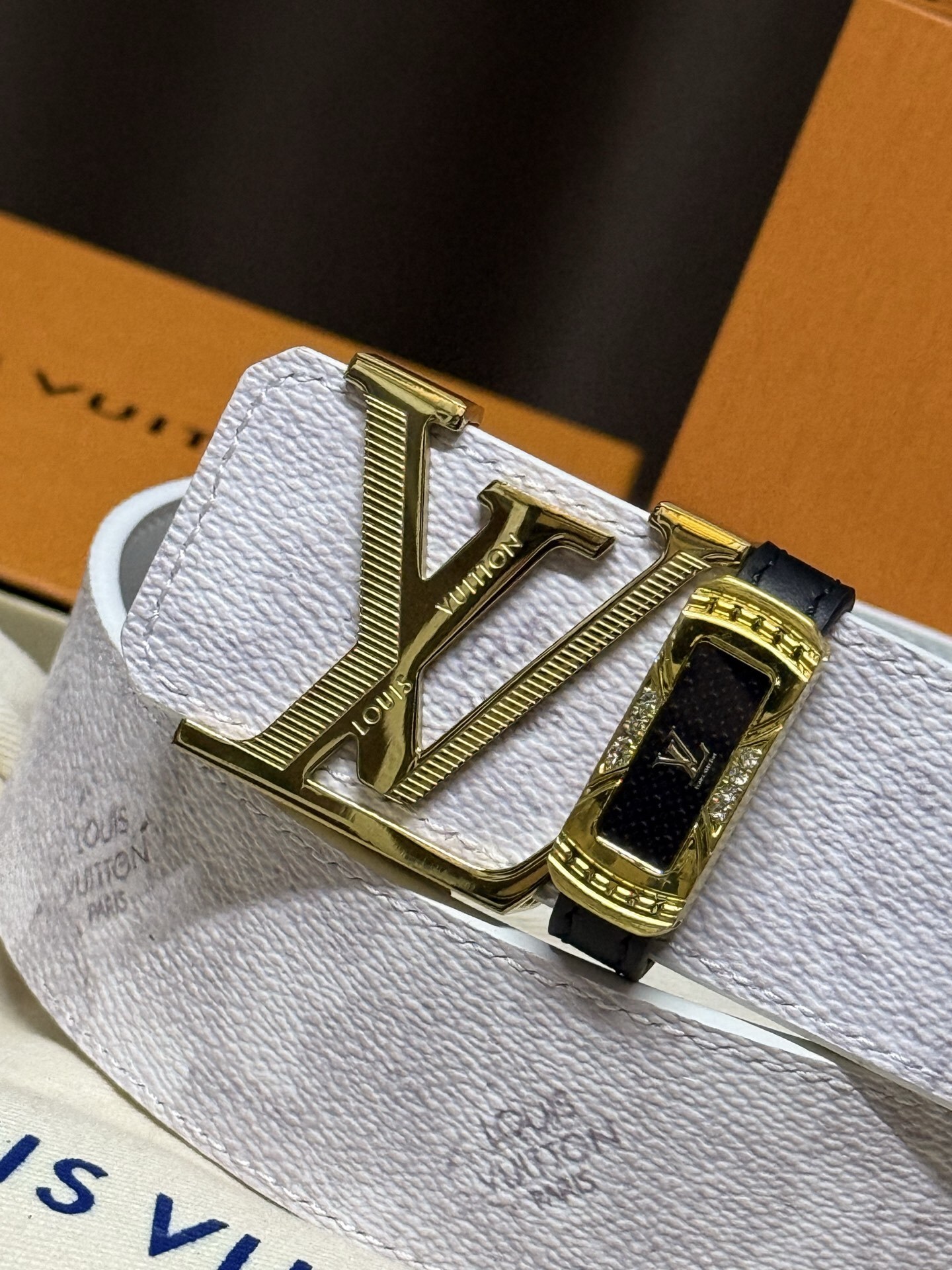 Louis Vuitton White Monogram Leather Belt with Gold LV Buckle