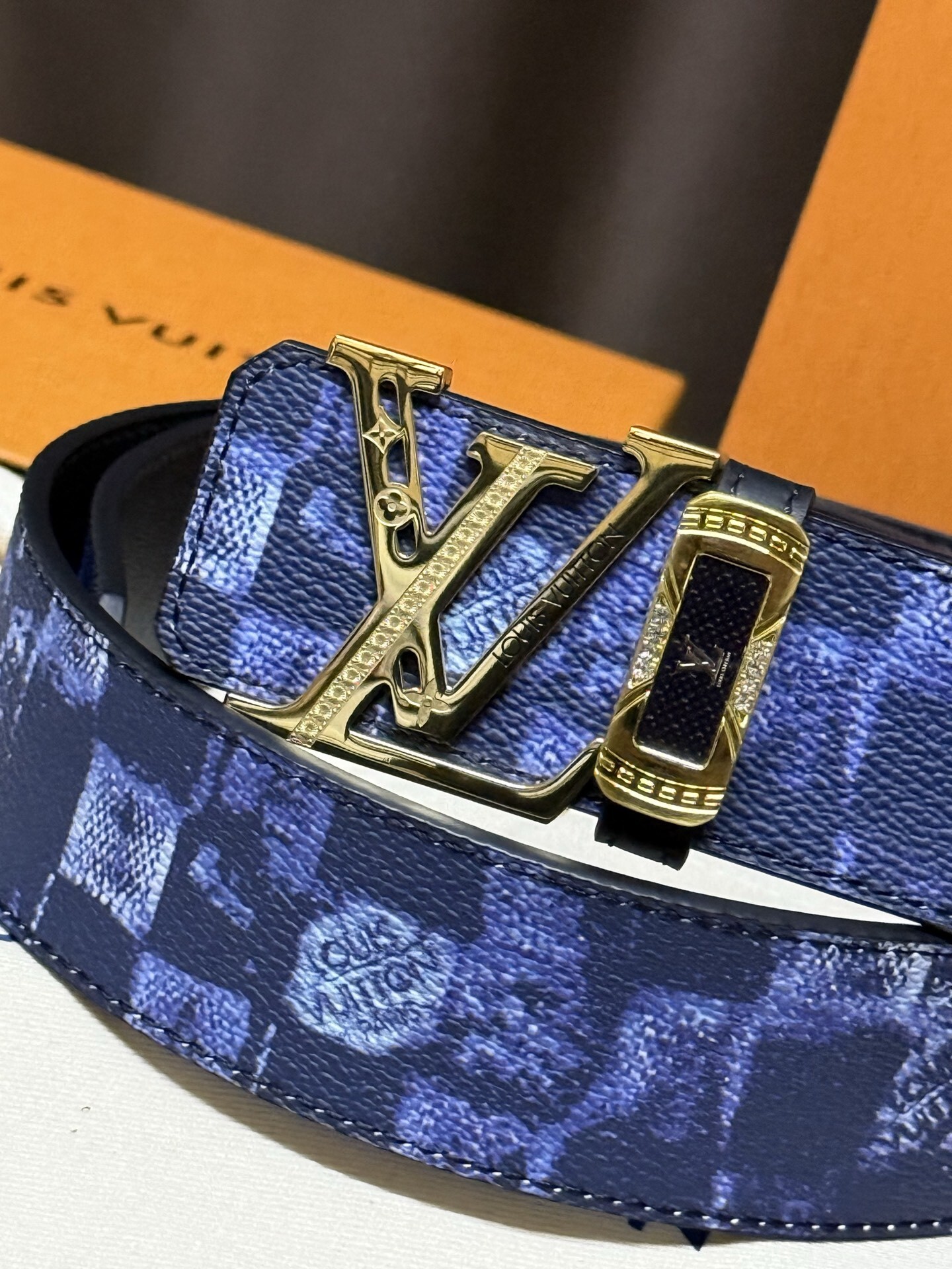 Louis Vuitton LV Initial Gold Buckle Belt - Blue Distressed