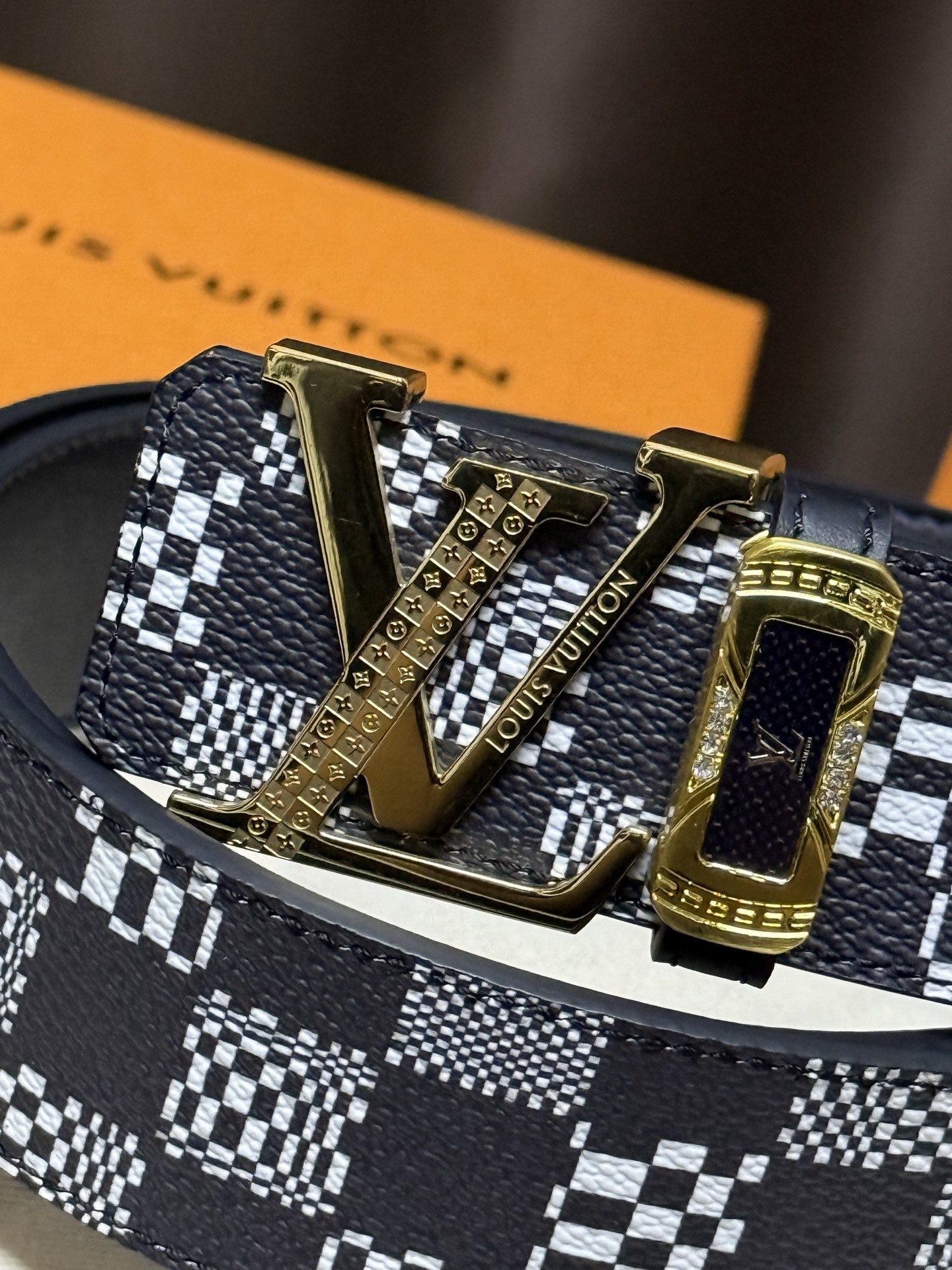 Louis Vuitton Damier Pop Men's Belt with Gold LV Initial Buckle