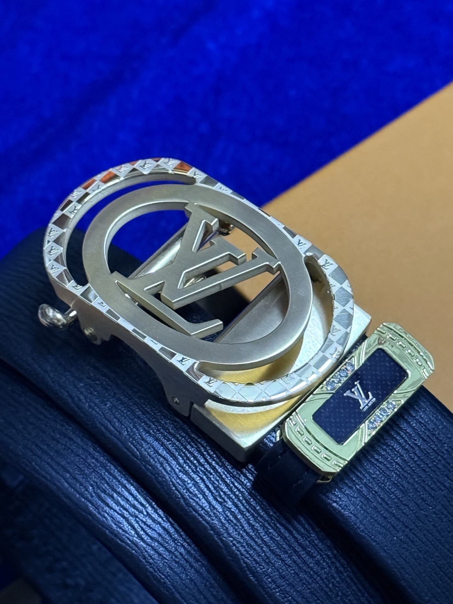 Louis Vuitton Men's Black Leather Belt with Gold LV Initial Buckle