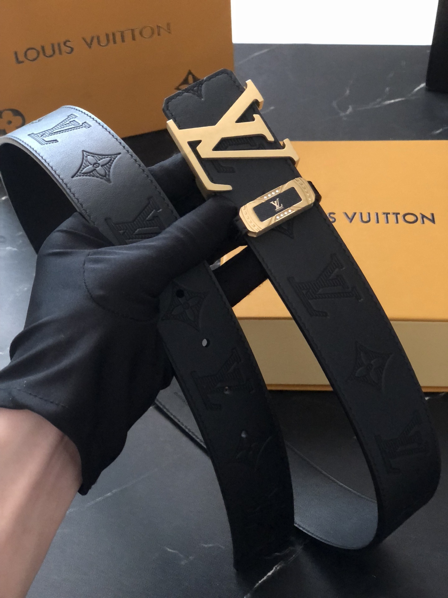 Louis Vuitton Men's Black Embossed Monogram Belt - Gold LV Buckle