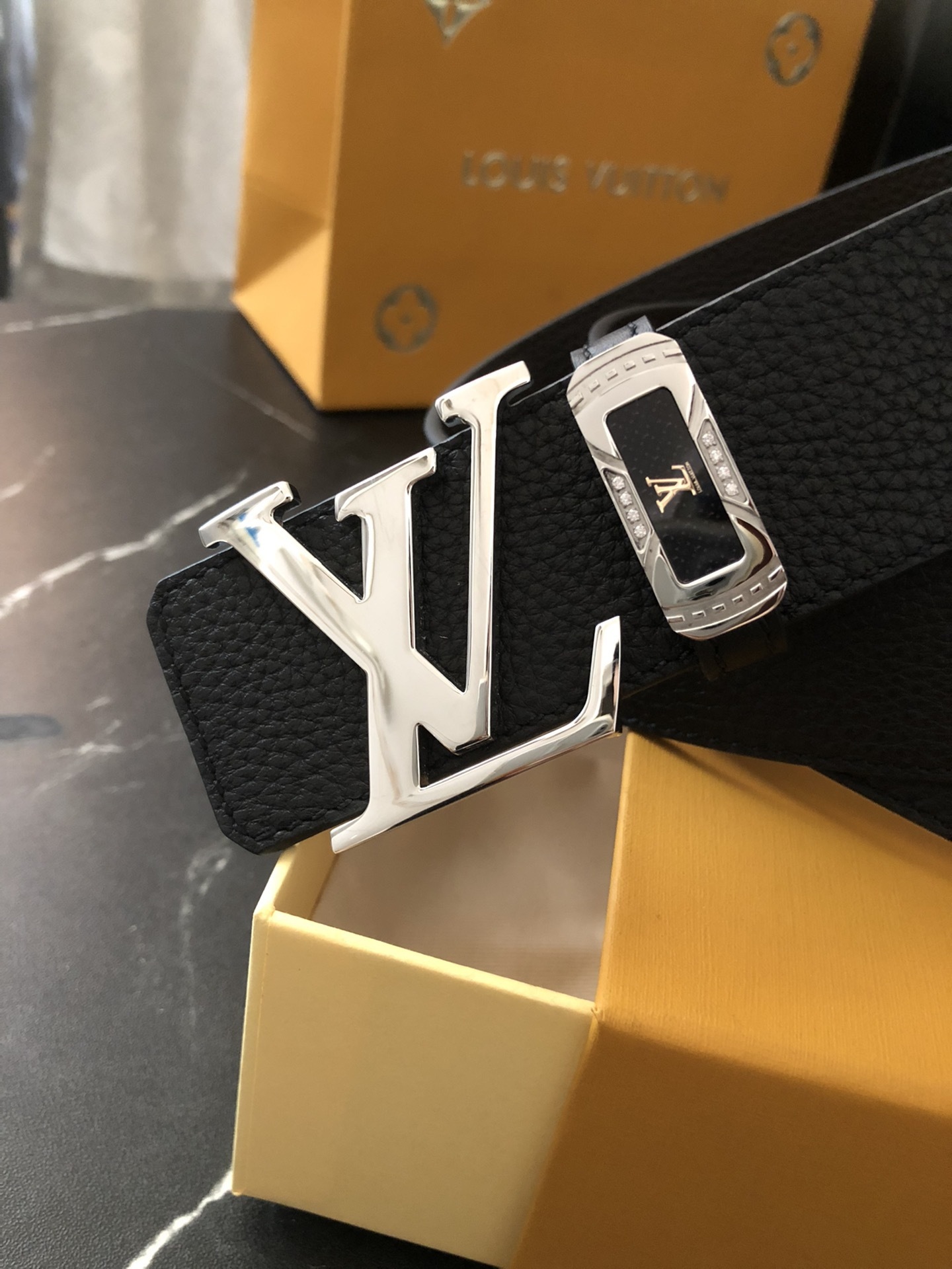 Louis Vuitton Men's Black Leather Belt with Silver LV Initials Buckle