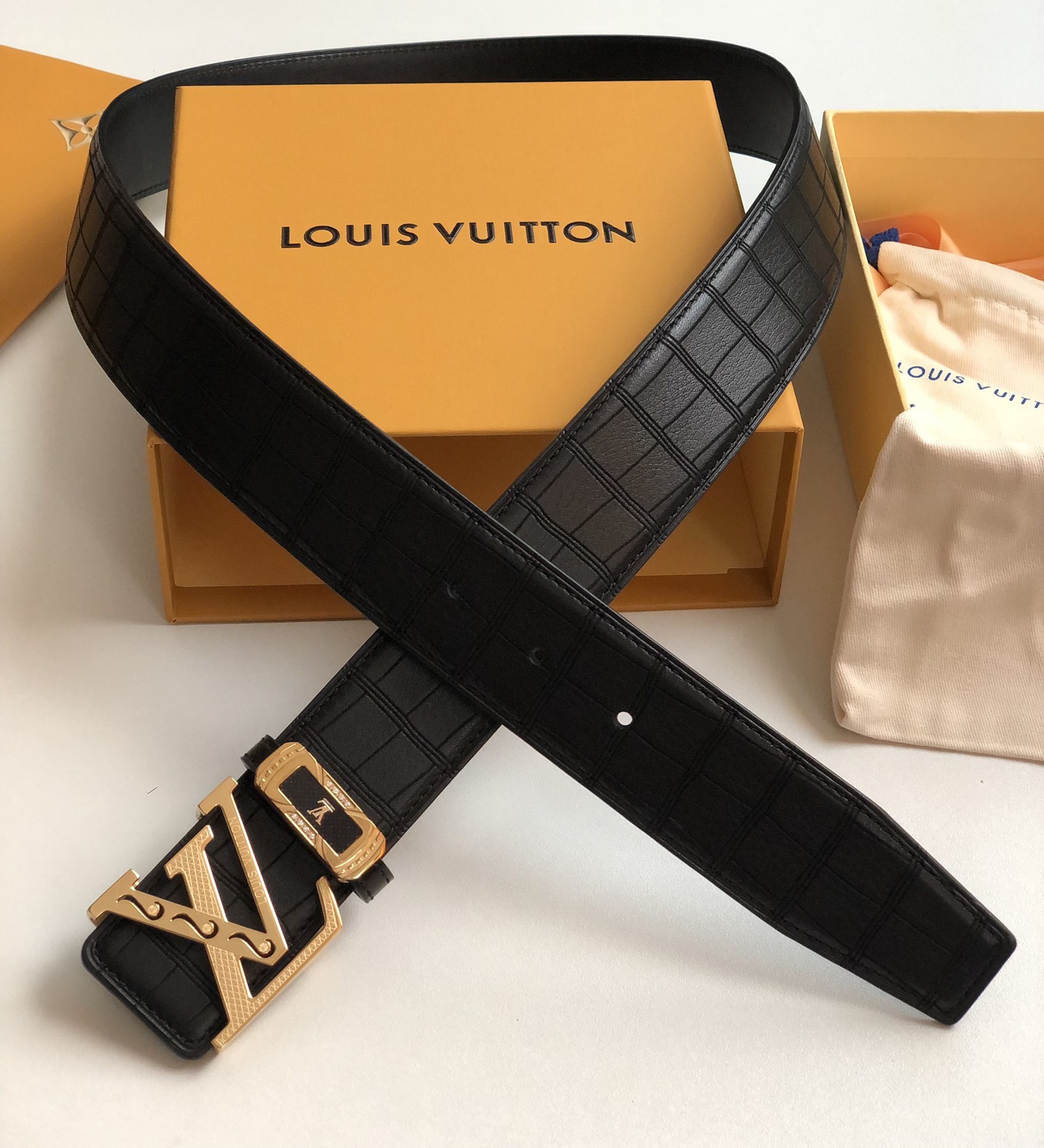 Louis Vuitton Men's Black Crocodile Leather Belt with Gold LV Buckle