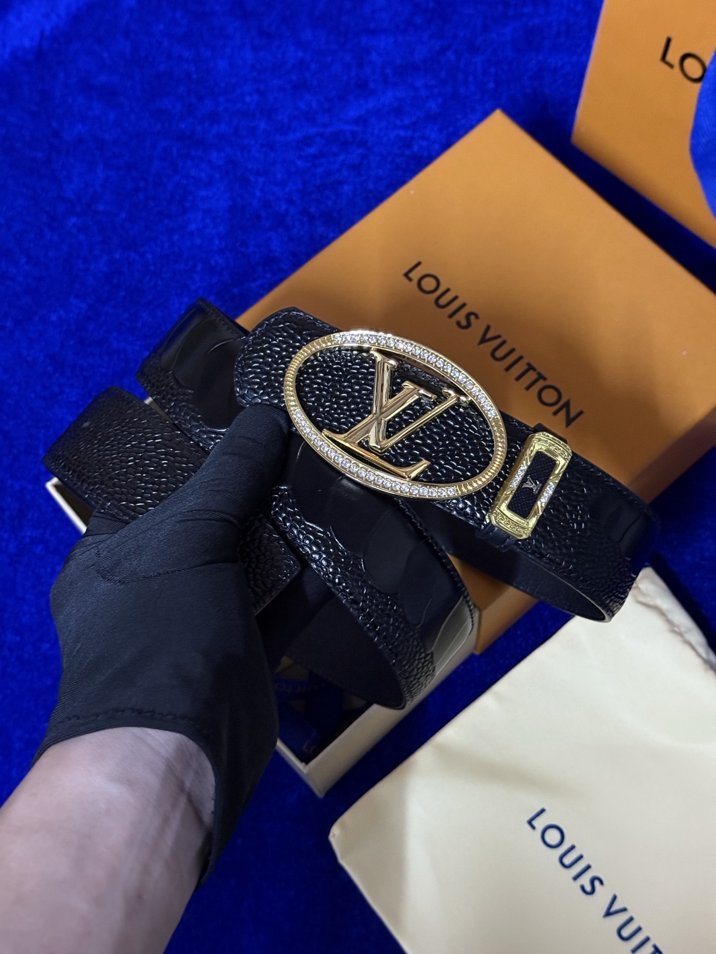 Louis Vuitton Men's Black Leather Belt with Crystal LV Gold Buckle