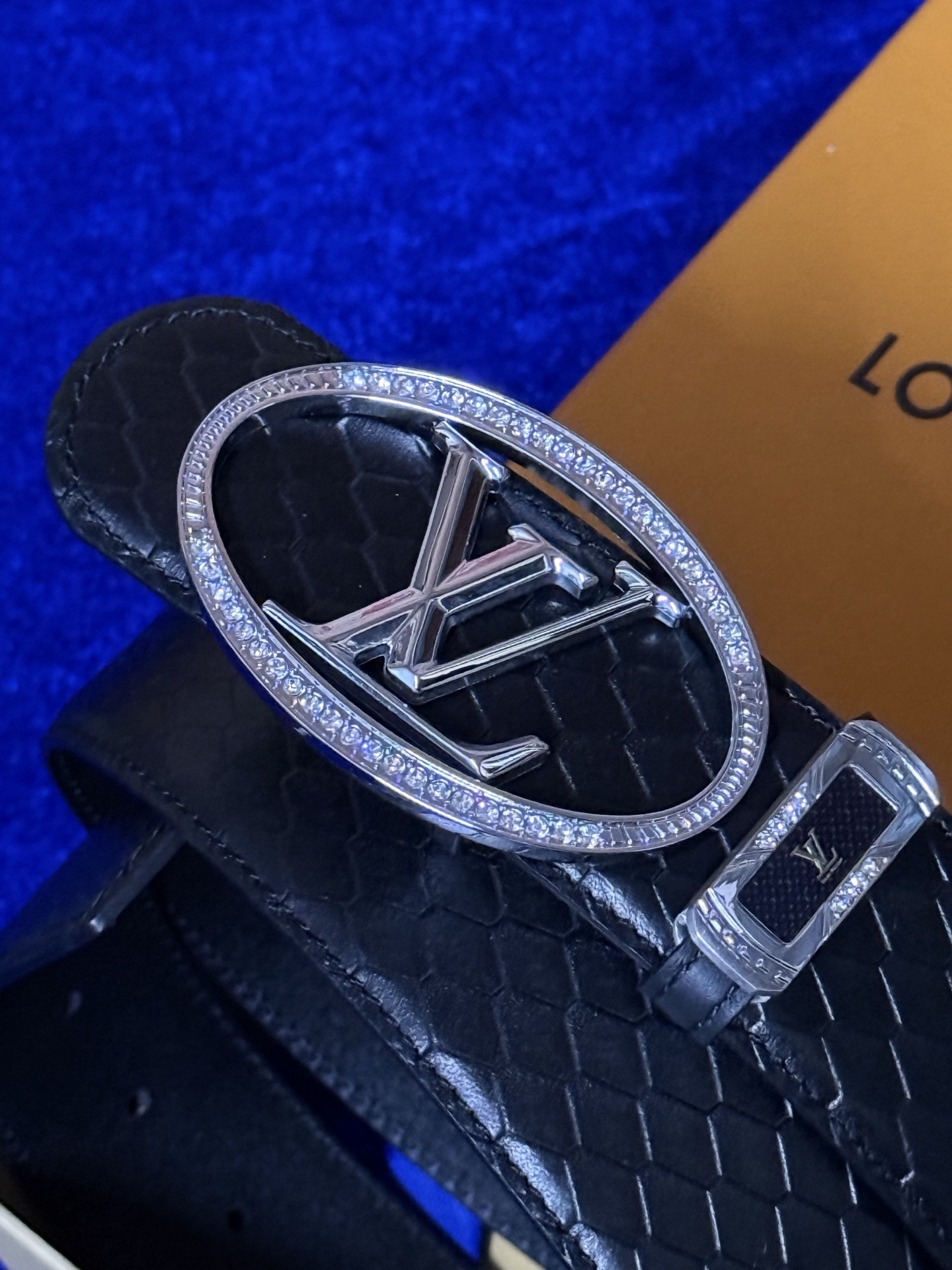 Louis Vuitton Black Python Leather Belt with Crystal LV Buckle