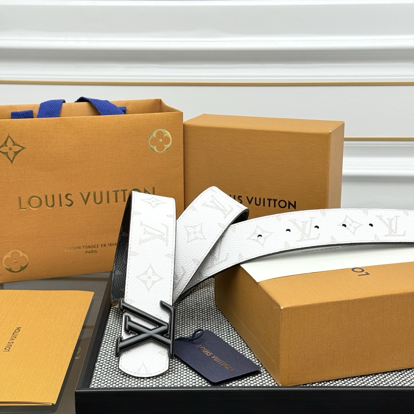 Louis Vuitton LV Initial White Monogram Belt with Black Buckle