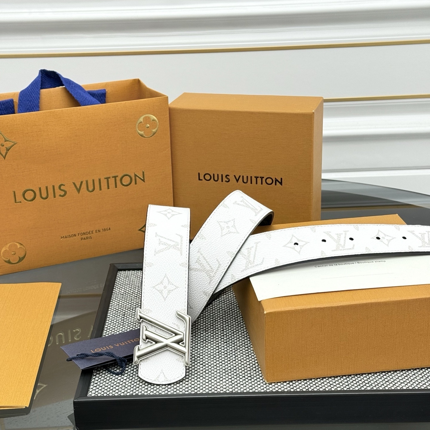 Louis Vuitton White Monogram Belt with Silver LV Initial Buckle