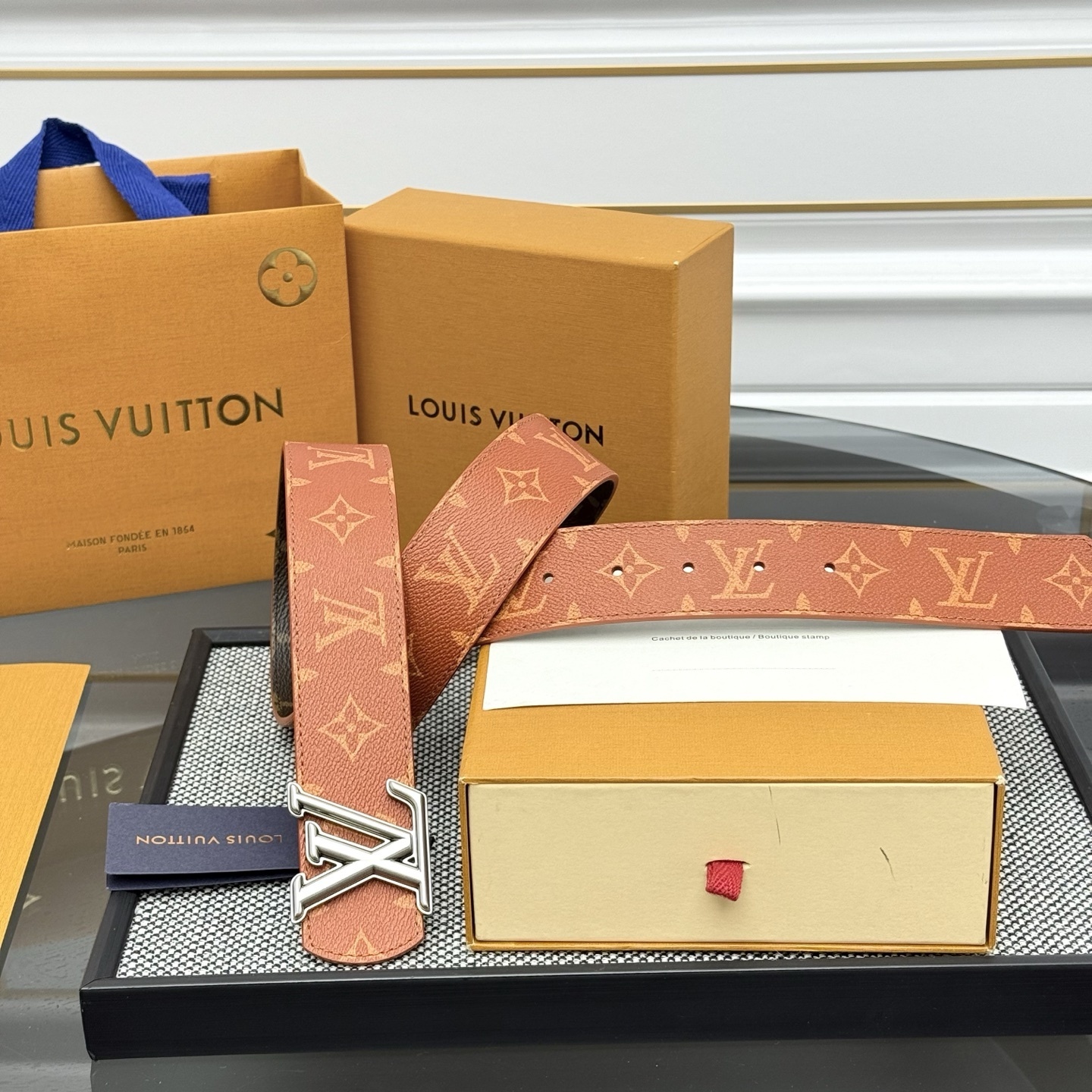 Louis Vuitton LV Initiales Monogram Brown Belt with Silver Buckle