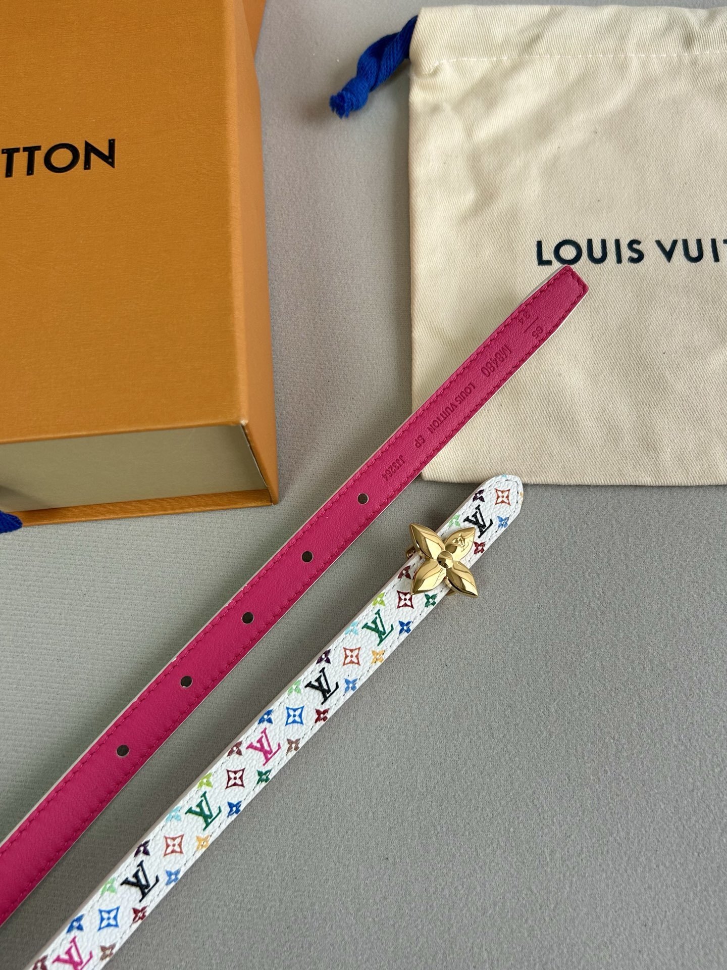 Louis Vuitton Monogram Multicolore Slim Belt with Gold Flower Buckle