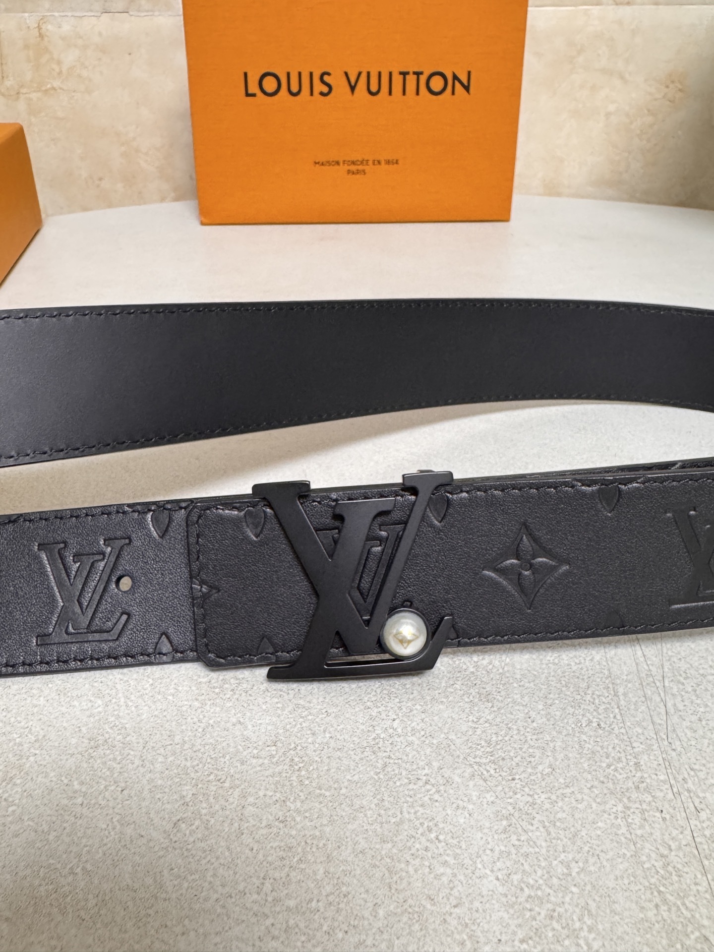 Louis Vuitton Men's Black Monogram Embossed Belt with Pearl Buckle