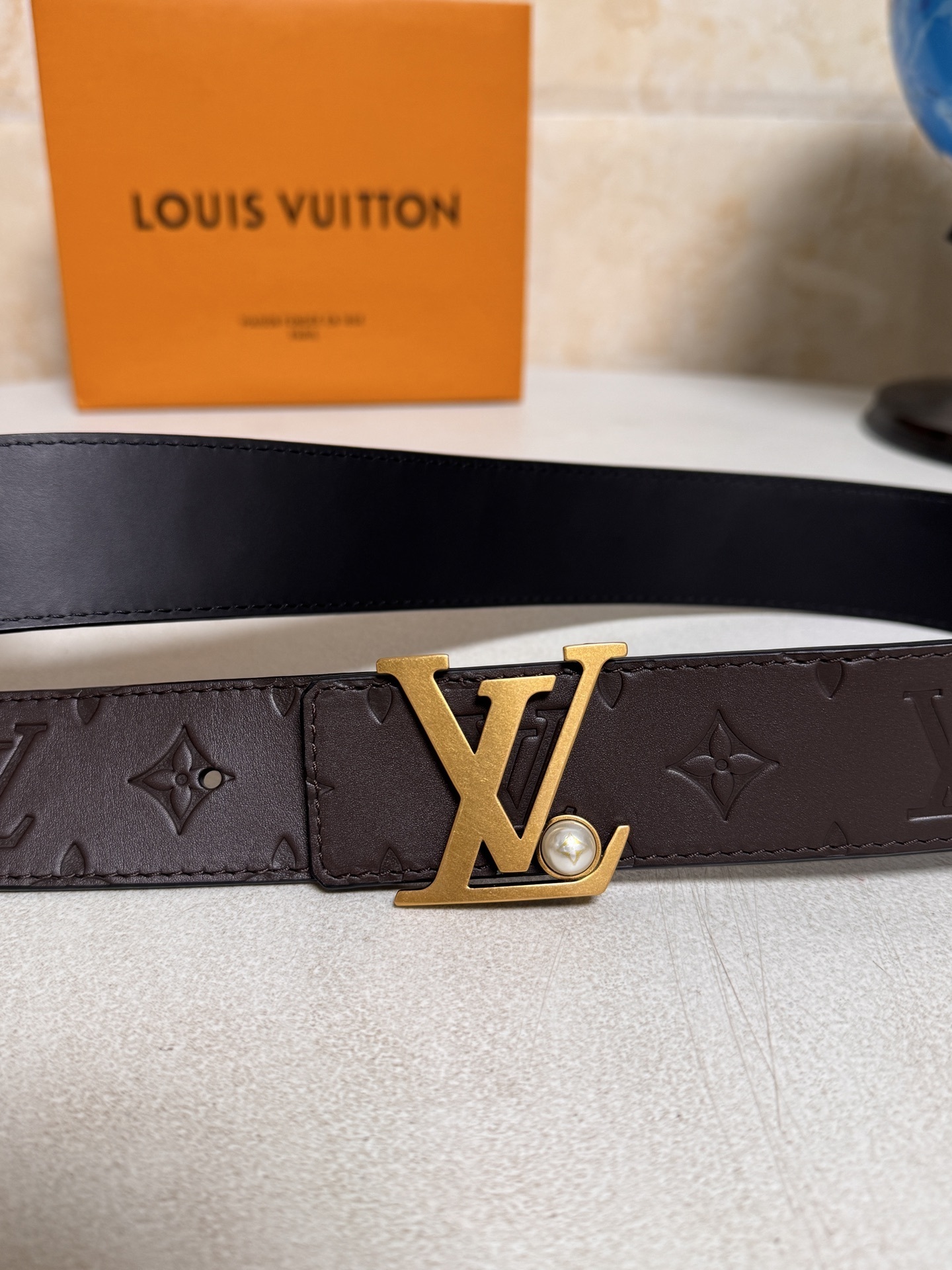 Louis Vuitton LV Initial Pearl Monogram Leather Belt - Dark Brown