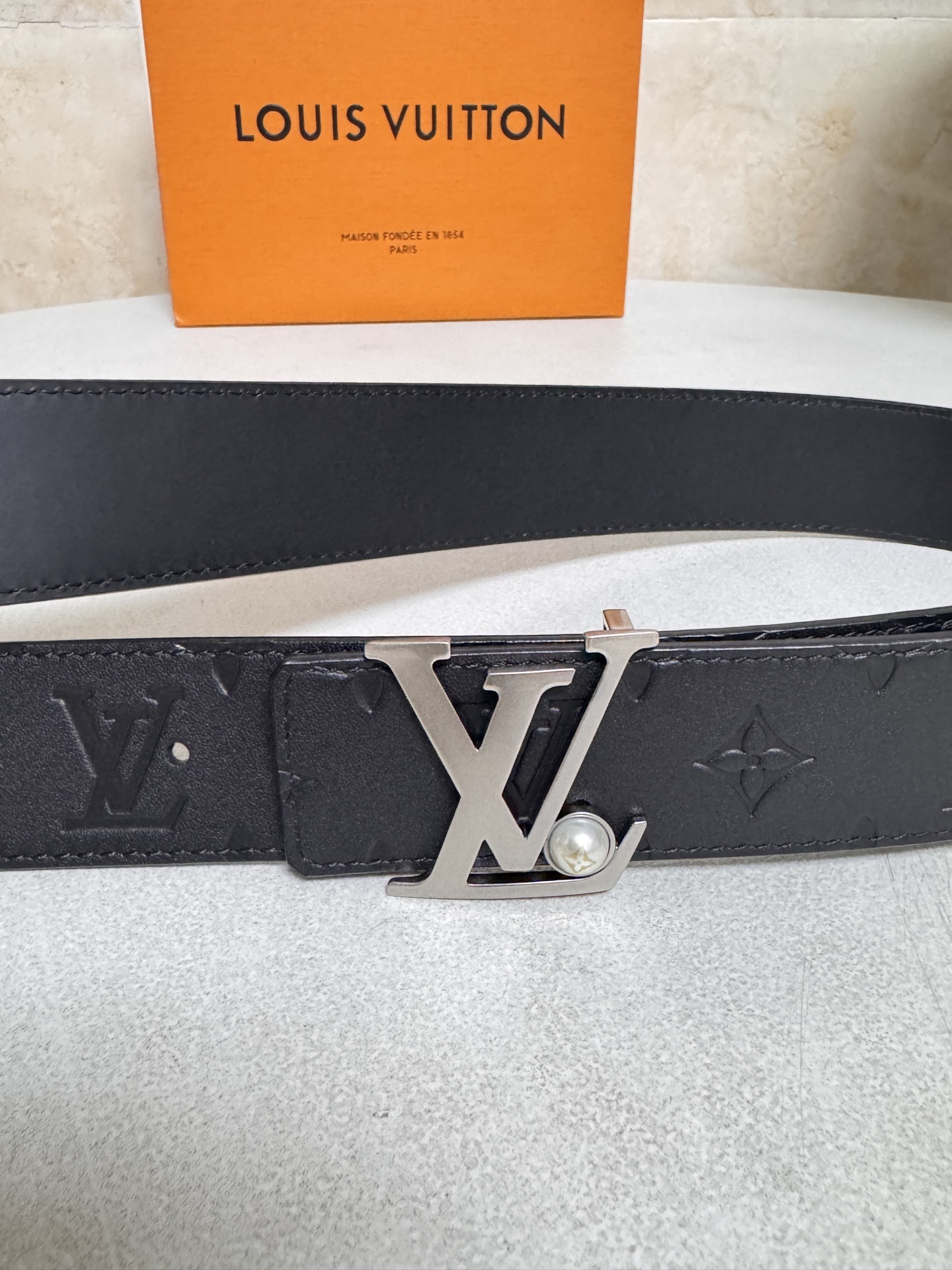 Louis Vuitton Black Monogram Leather Belt with Pearl LV Buckle