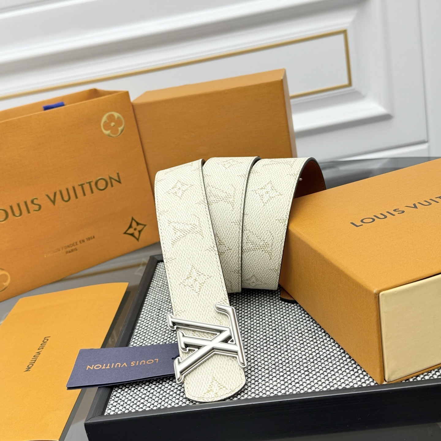 Louis Vuitton LV Initiales Belt Monogram Cream Canvas Silver Buckle