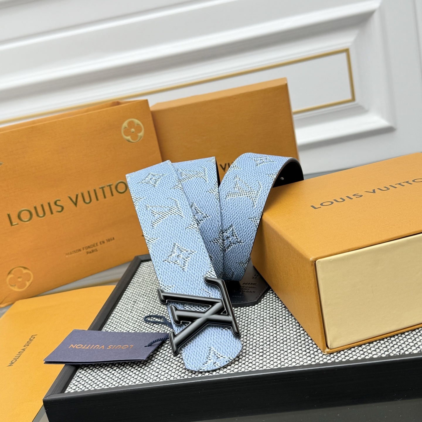 Louis Vuitton LV Initiales Light Blue Monogram Belt with Black Buckle