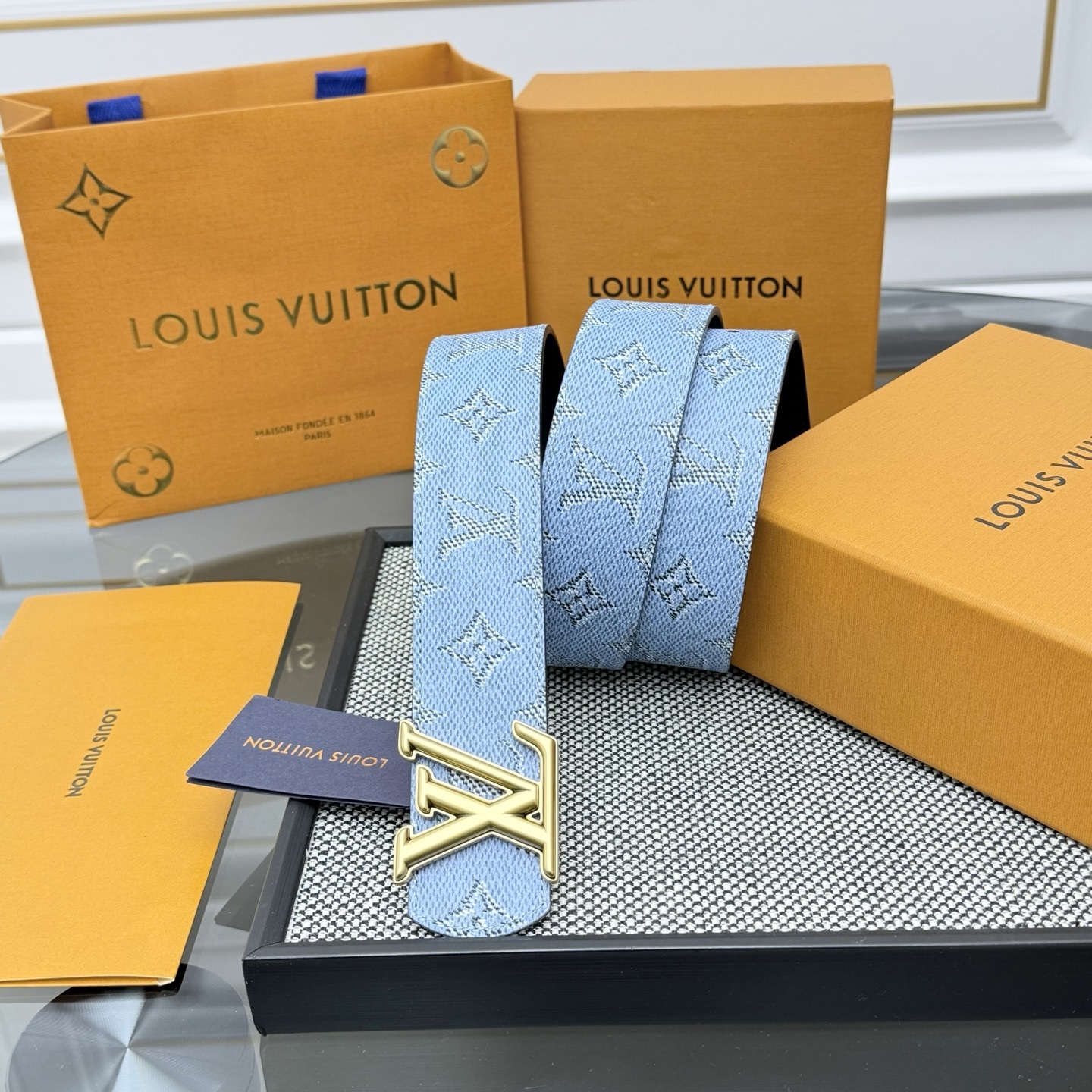 Louis Vuitton LV Initiales Light Blue Monogram Belt with Gold Buckle