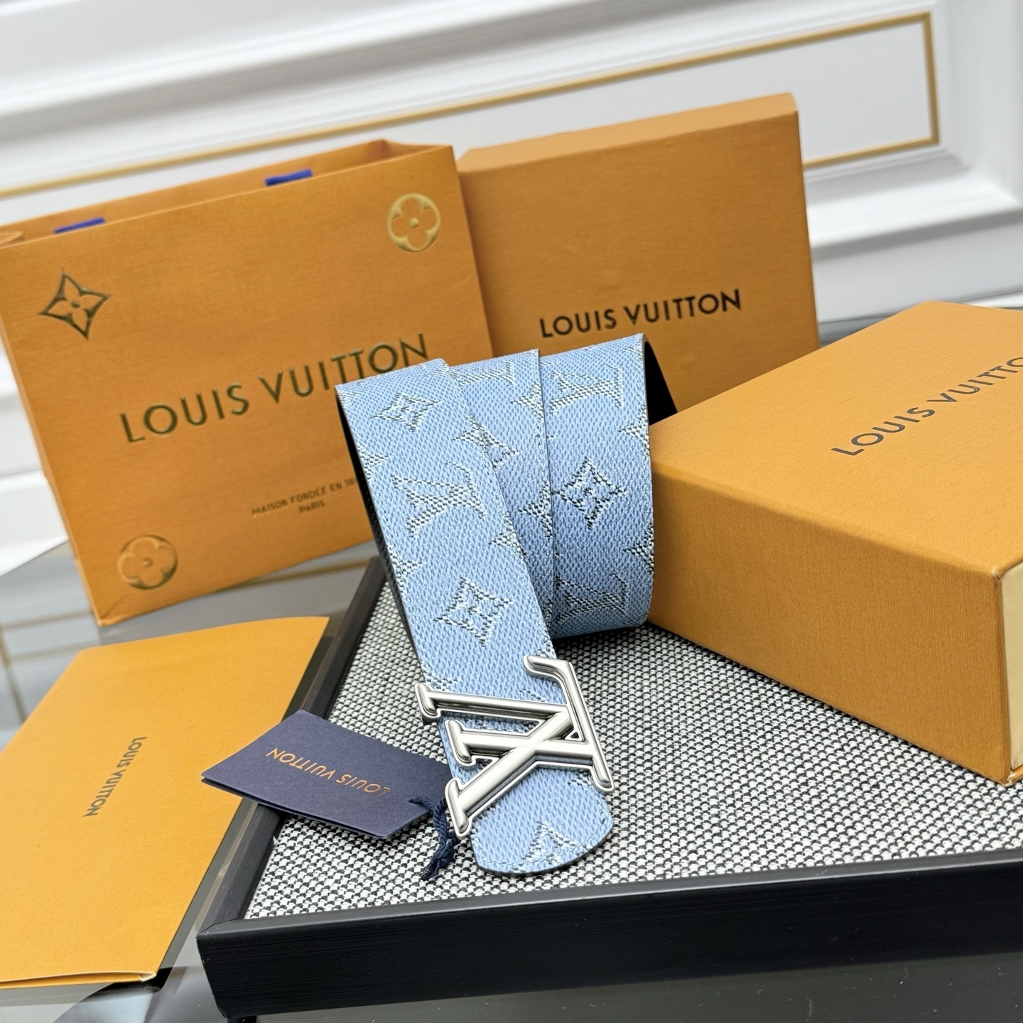 Louis Vuitton LV Initials Light Blue Monogram Belt - Silver Buckle