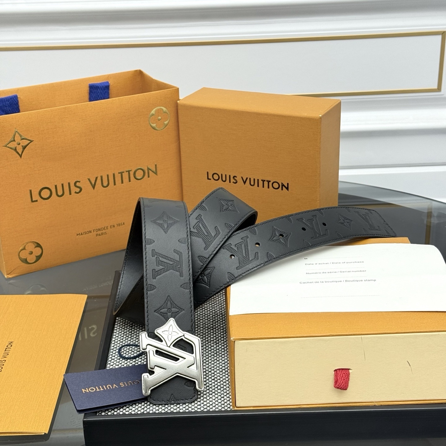 Louis Vuitton Men's Black Monogram Leather Belt with Silver LV Buckle