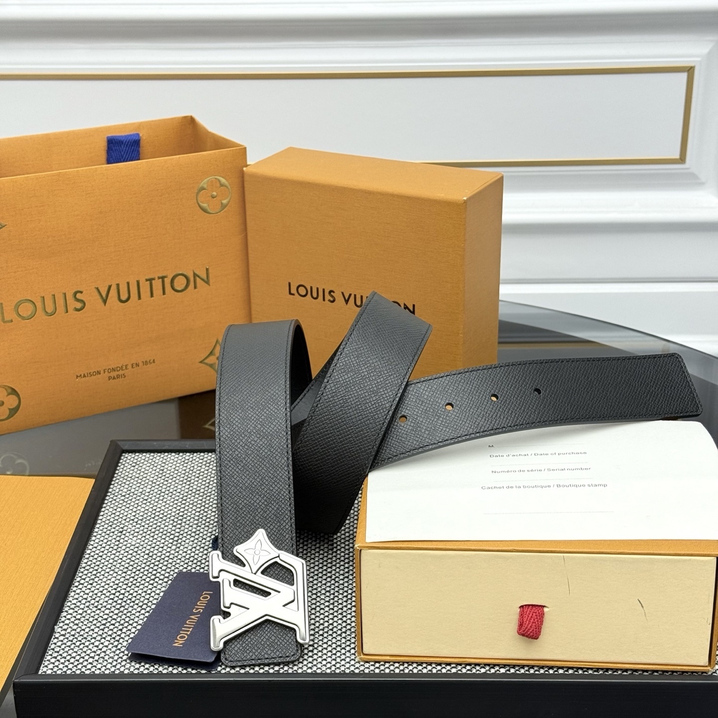 Louis Vuitton Men's Black Textured Leather Belt - Silver LV Buckle