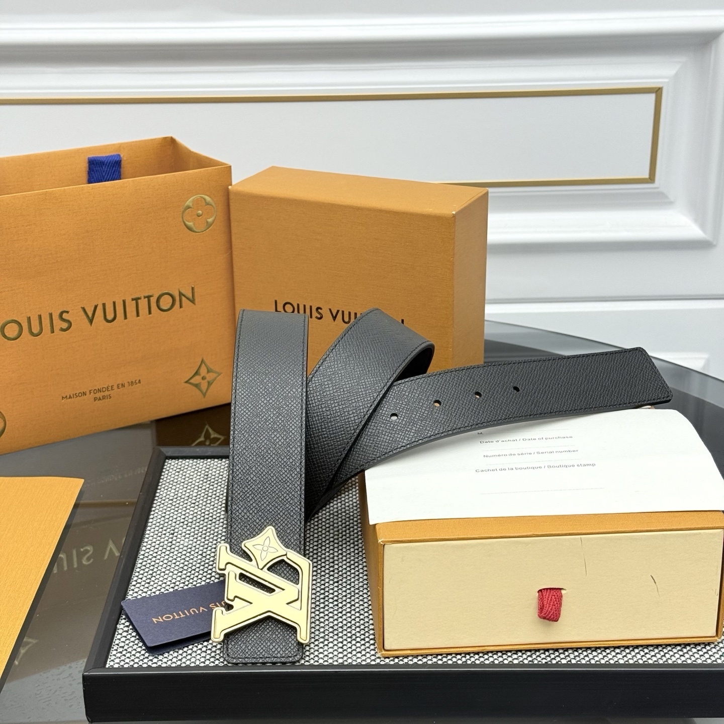 Louis Vuitton Men's Black Leather Belt with Gold LV Monogram Buckle