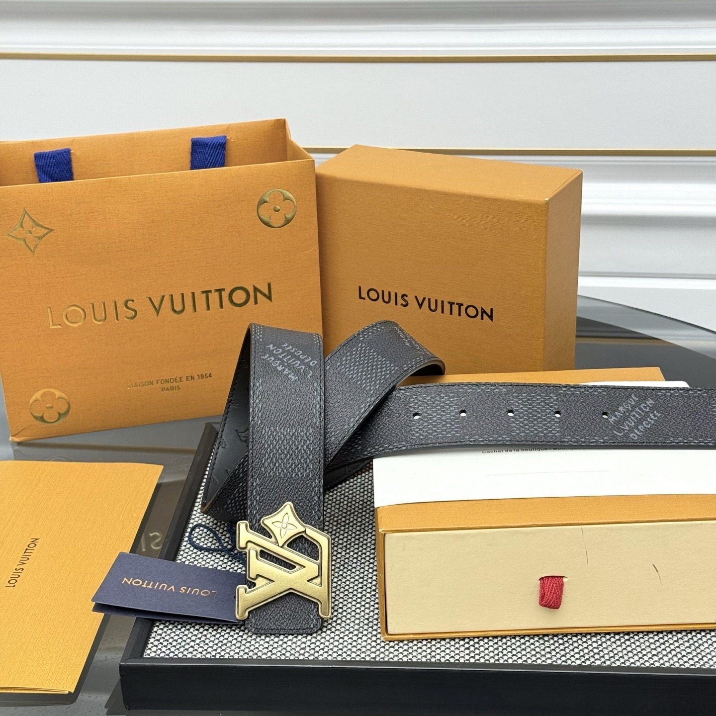 Louis Vuitton Damier Graphite Canvas Belt with Gold LV Cut Buckle