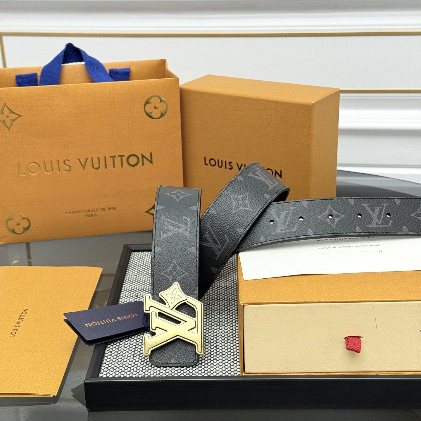 Louis Vuitton Monogram Eclipse Belt with Gold Flower Initial Buckle