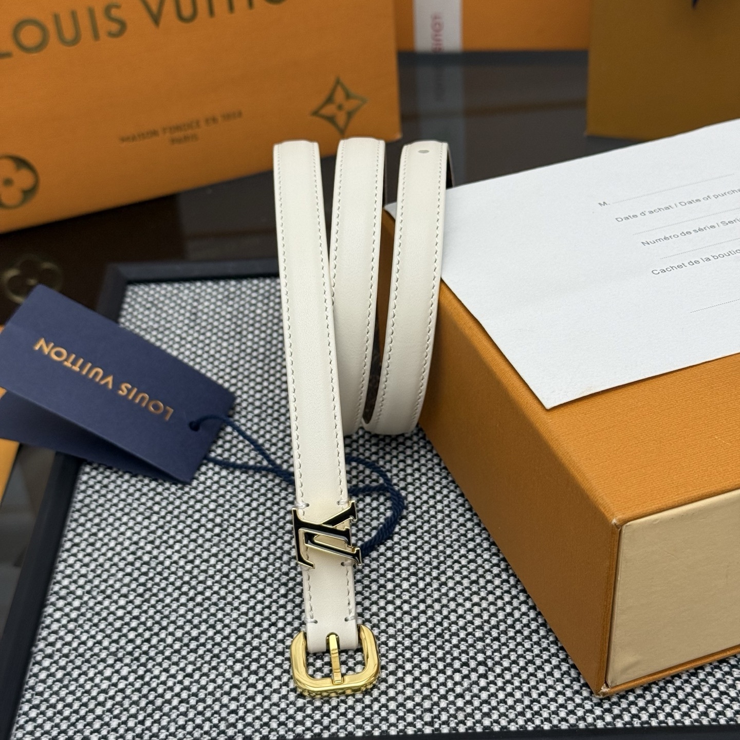 Louis Vuitton Slim Cream Leather Belt with Gold LV Buckle