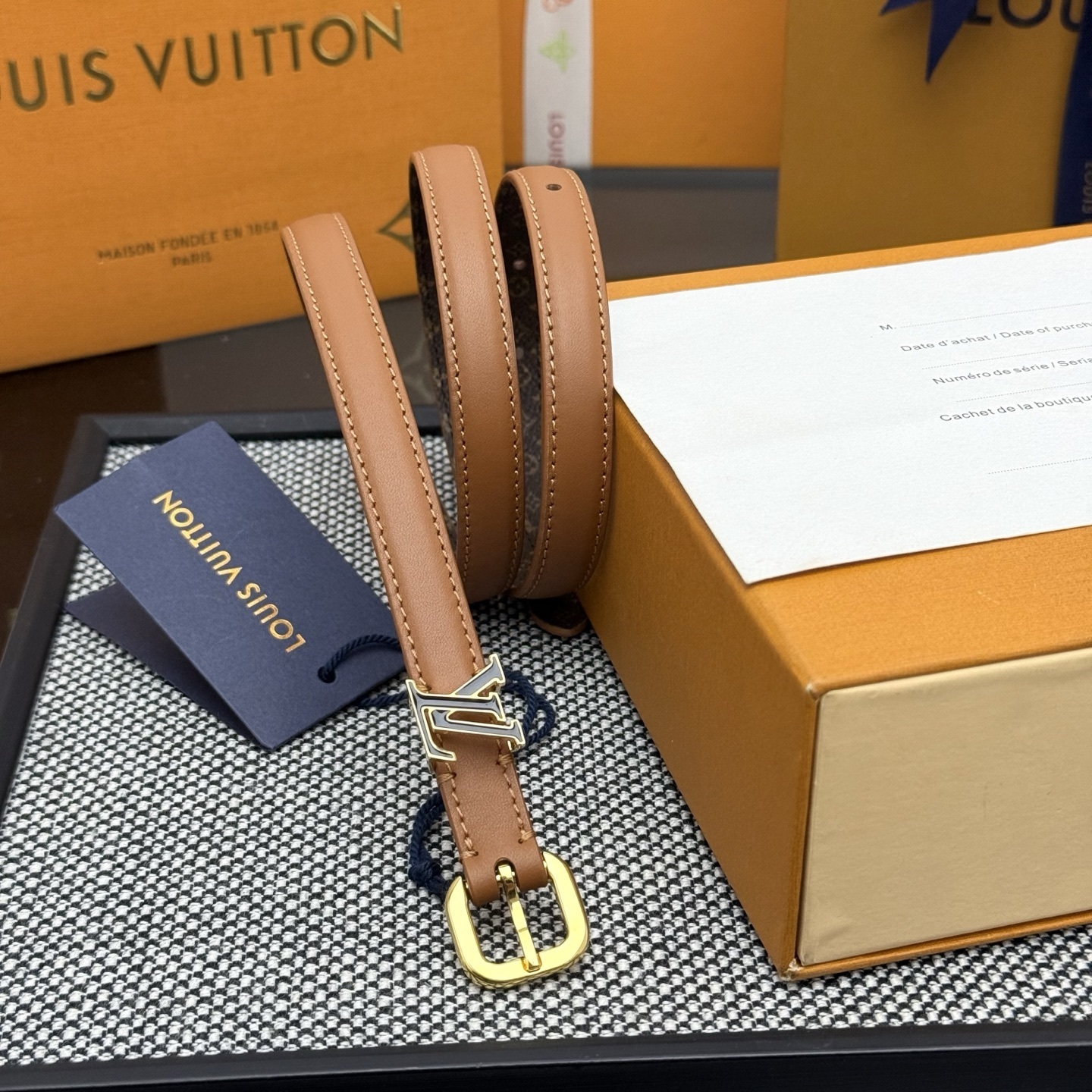 Louis Vuitton Slim Tan Leather & Monogram Canvas Belt with Gold Buckle