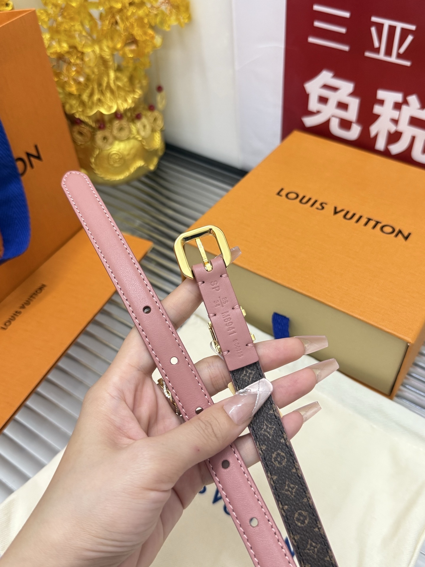 Louis Vuitton Pink Leather & Monogram Reversible Slim Belt