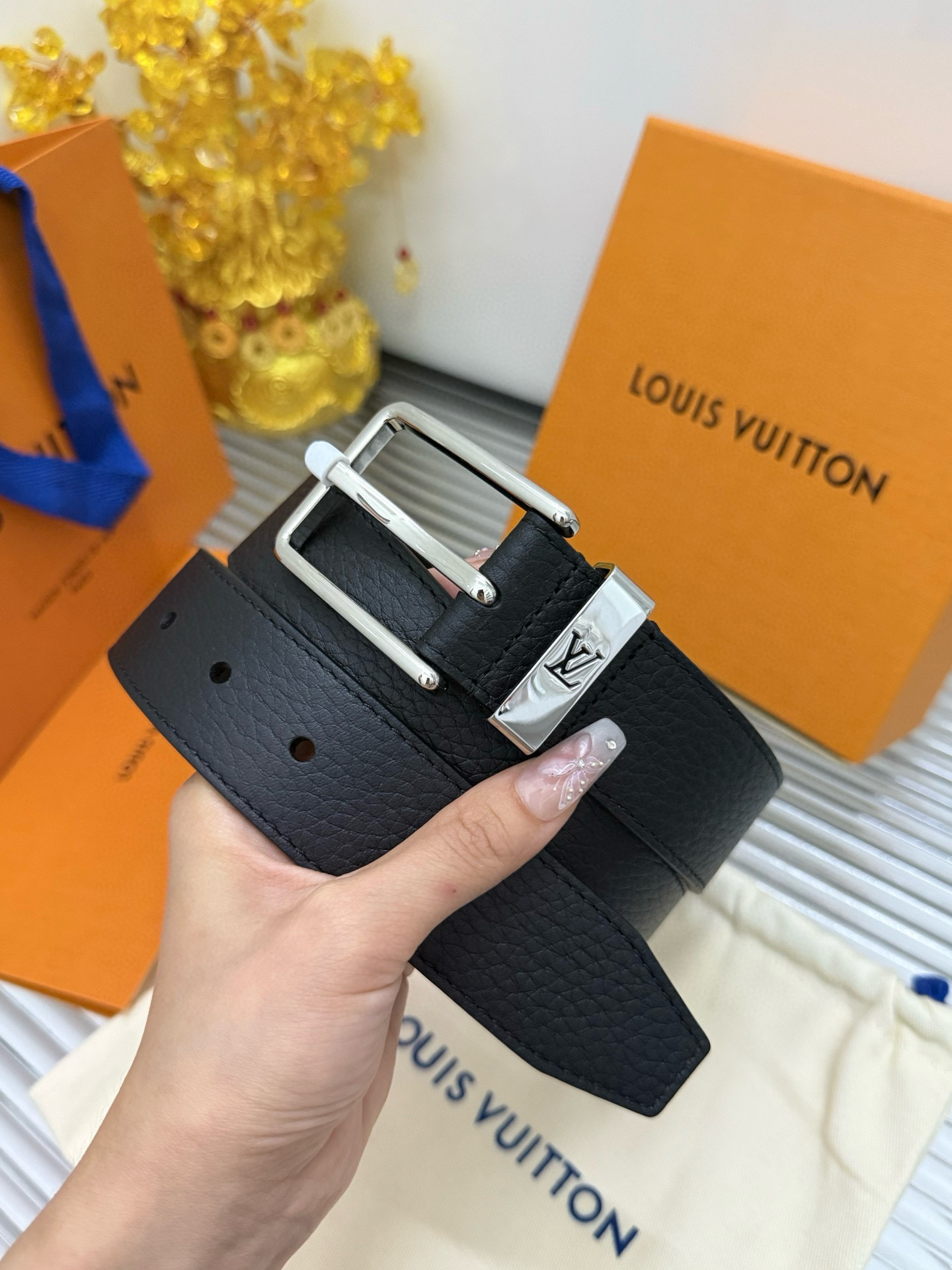 Louis Vuitton Men's Black Pebbled Leather Belt with Silver Buckle