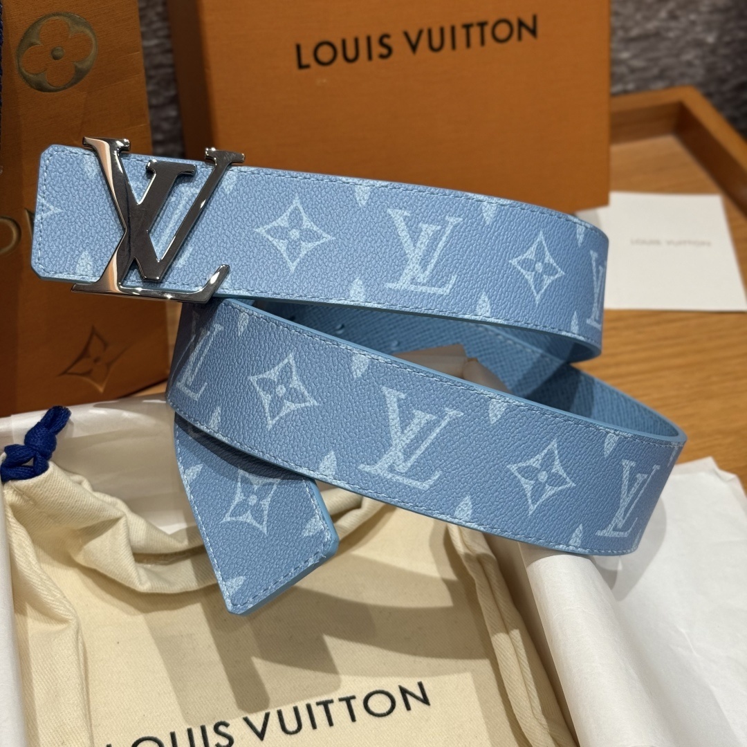LV Initial Monogram Belt - Light Blue Canvas with Silver Buckle