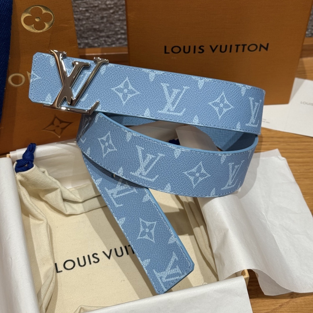 Louis Vuitton LV Initial Monogram Blue Denim Belt Silver Buckle