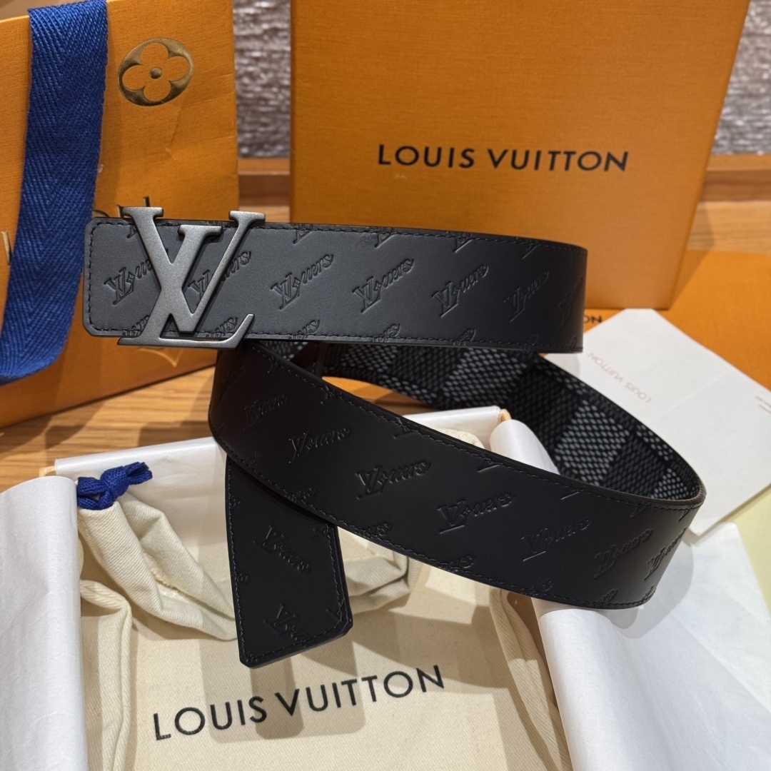 Louis Vuitton Men's Matte Black Leather Belt with Embossed Pattern