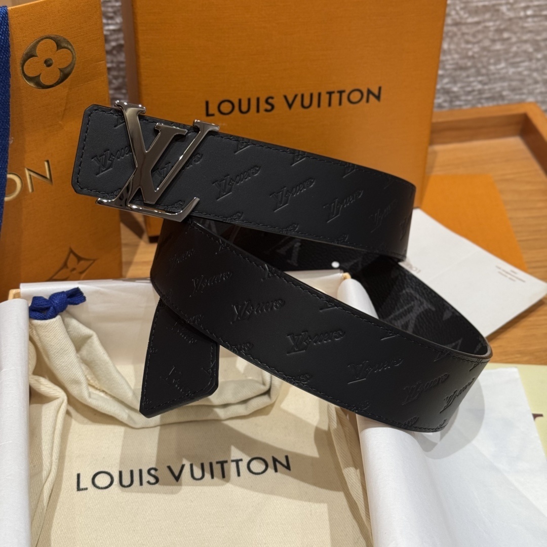 Louis Vuitton LV Initial Silver Buckle Black Embossed Leather Belt