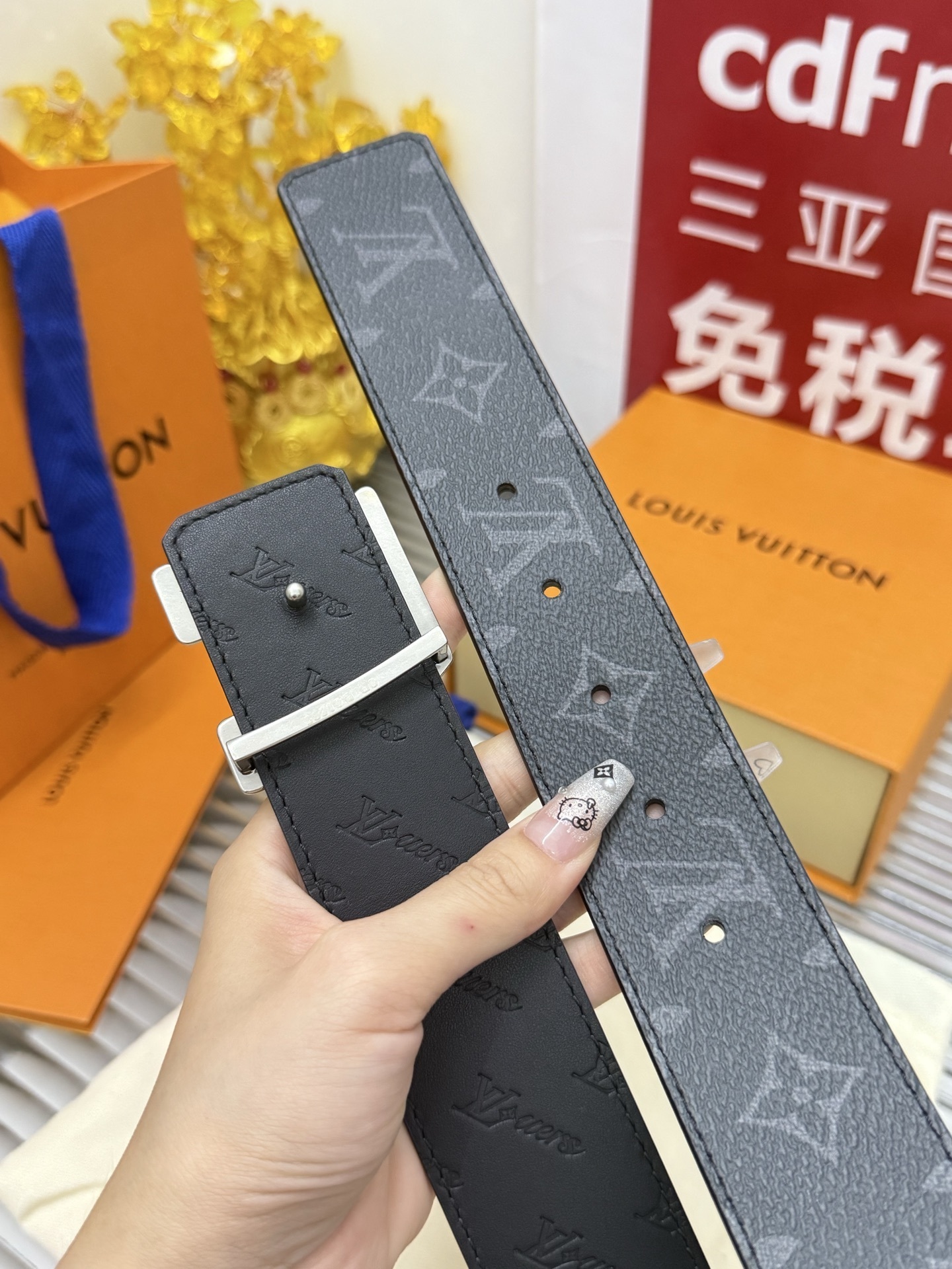 Louis Vuitton Monogram Eclipse Belt with Silver LV Initial Buckle