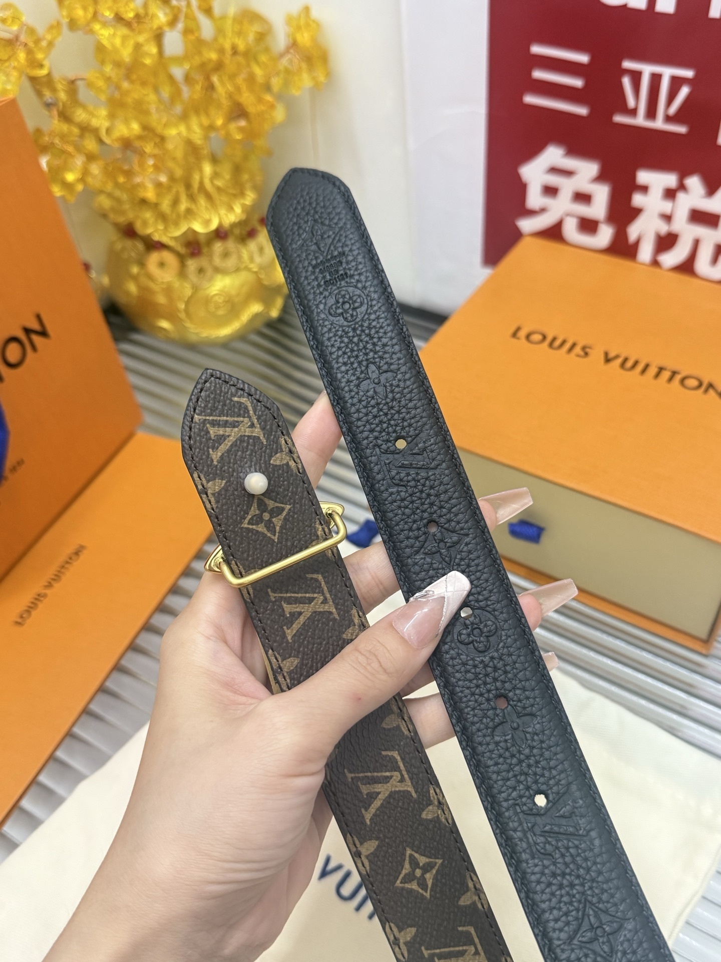 Luxury Black Monogram Empreinte Leather Belt with Gold Flower Buckle