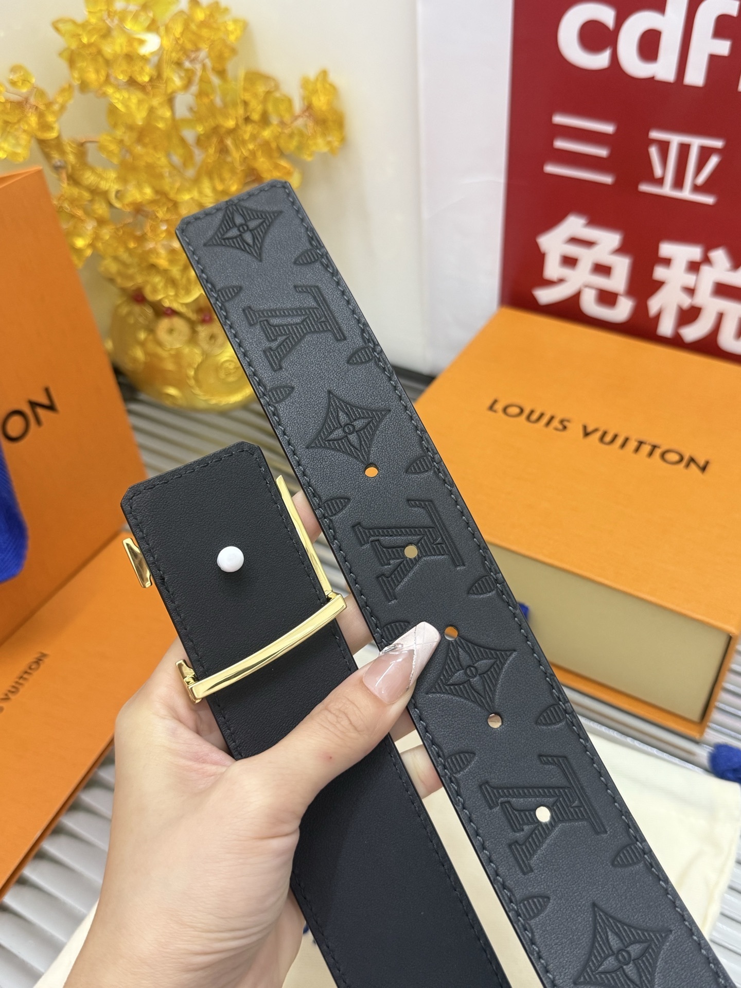 Louis Vuitton LV Initiales Black Monogram Shadow Belt - Gold Buckle