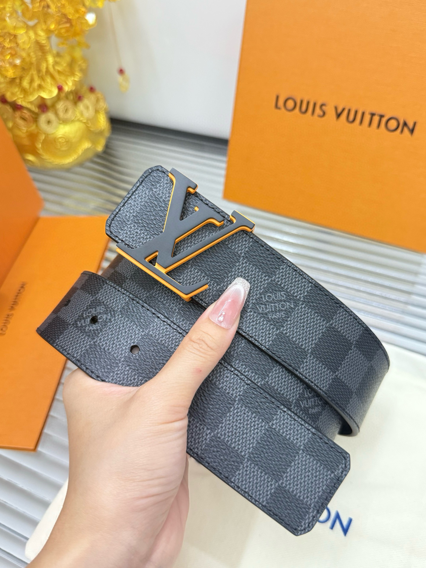 Louis Vuitton LV Initiales Damier Graphite Belt - Black & Orange