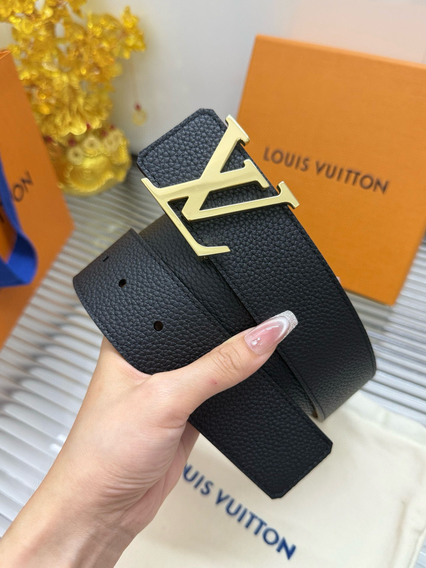 Louis Vuitton LV Initiales 40mm Black Leather Belt with Gold Buckle