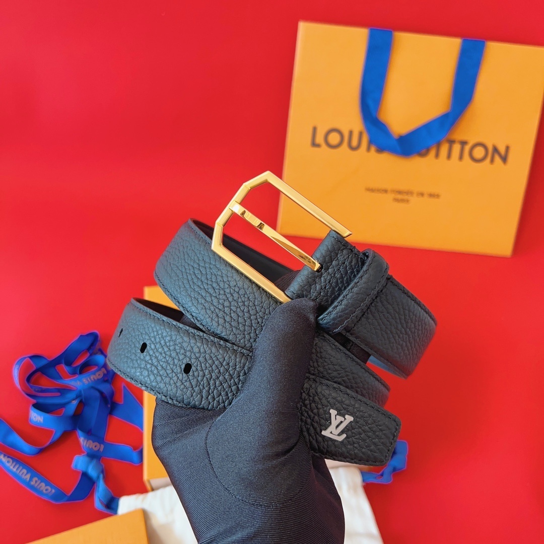 Louis Vuitton Men's Black Grained Leather Belt with Gold Buckle