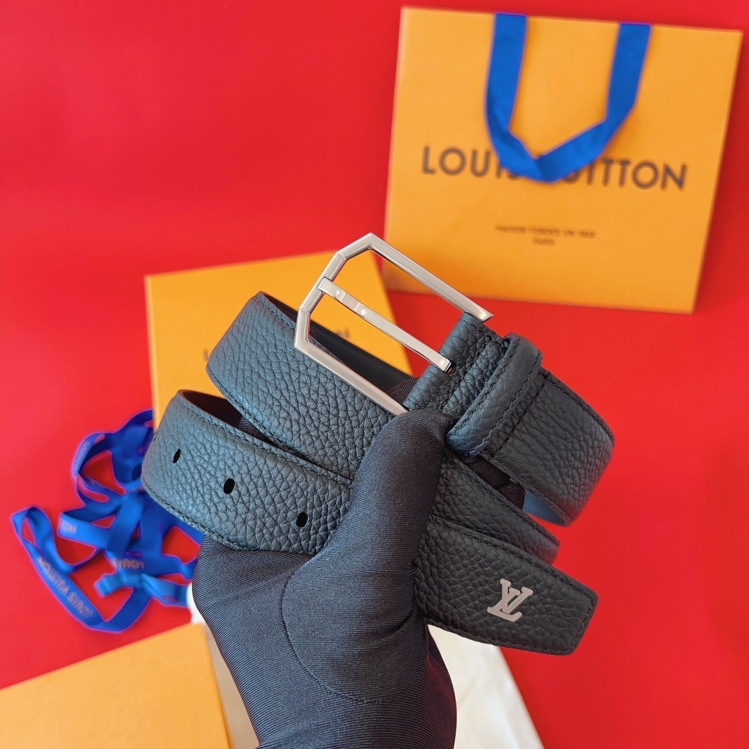 Louis Vuitton Men's Black Grained Leather Belt with Silver Buckle