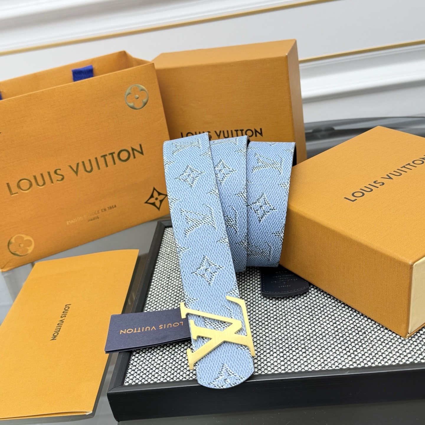 Louis Vuitton Blue Monogram Belt with Gold LV Initiales Buckle